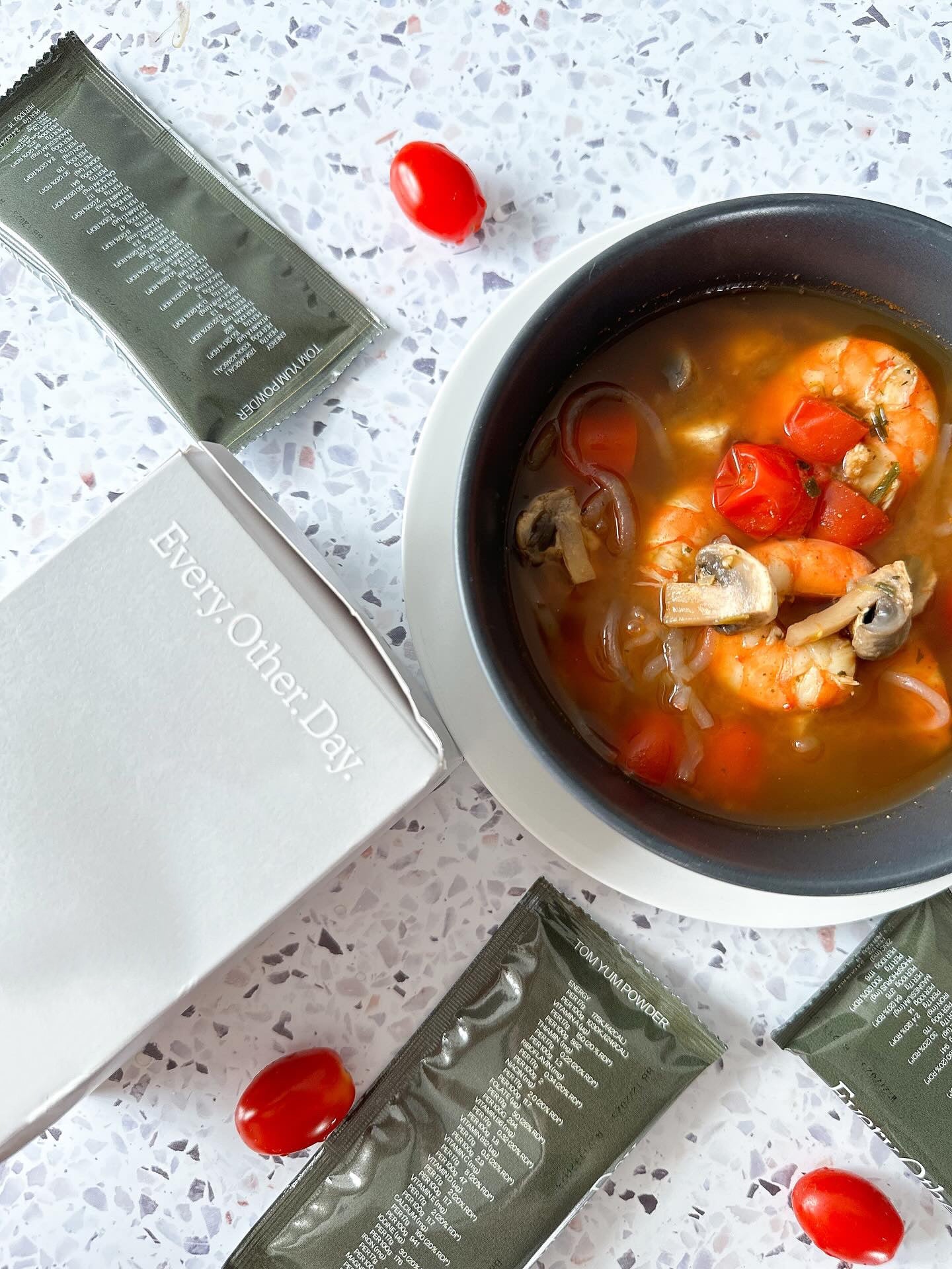 Tom Yum Soup with Prawns, Konjac Noodles, Spinach and Coriander